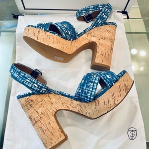 TABITHA SIMMONS gingham Elena blue NWT check cork platform volley 37 and 38.5